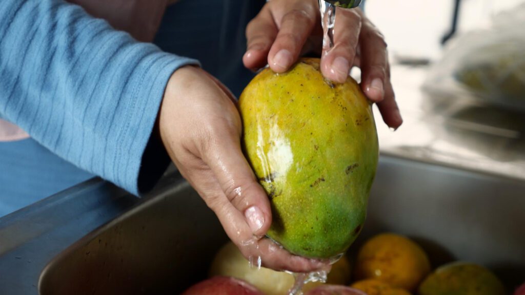Washing your mango to clean all bacteria.